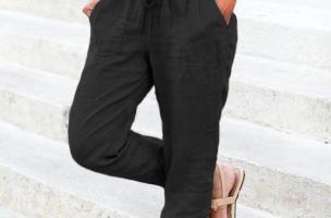 Pantaloni lunghi alla moda con tasche ed elastico in vita Amory, nero