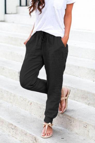 Pantaloni lunghi alla moda con tasche ed elastico in vita Amory, nero