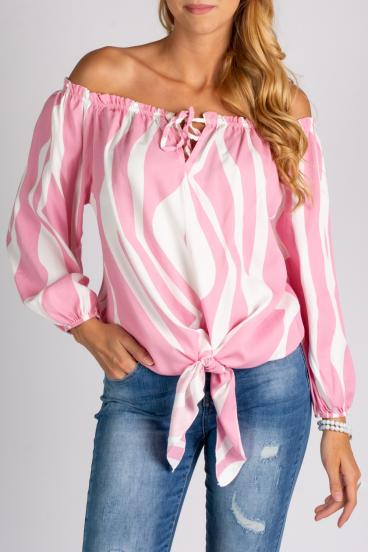 Camicia ampia con spalle scoperte e lacci da annodare Inessa, bianco-rosa