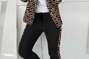 Completo pantalone con blazer elegante con stampa geometrica Nunzia, beige