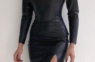 Mini abito elegante in similpelle con apertura Urania, nero