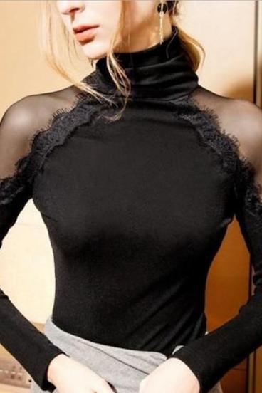 Maglietta elegante con scollo alto e maniche con inserti in tessuto trasparente Begonya, nero