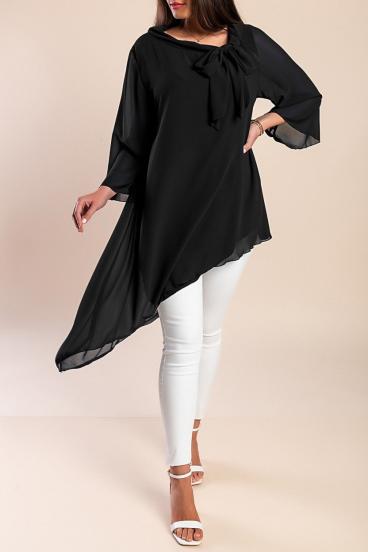 Elegante tunica traslucida con fiocco decorativo  Ginette, nera