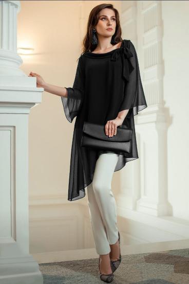 Elegante tunica traslucida con fiocco decorativo  Ginette, nera