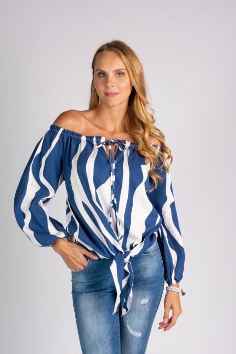 Camicia ampia con spalle scoperte e lacci da annodare Inessa, blu-bianco