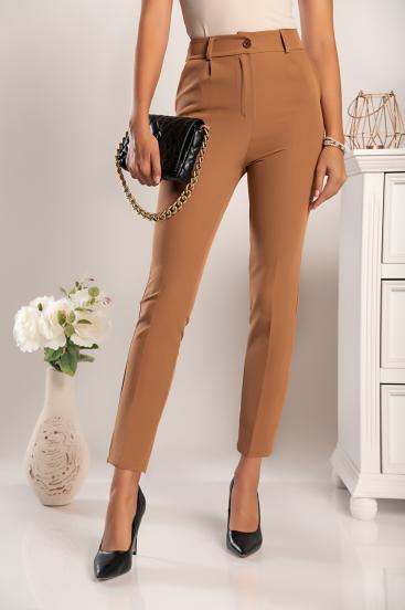 Elegante pantalone lungo a vita alta Amposta, colore cammello