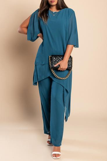 Elegante set composto da tunica trasparente e pantalone lungo Claudette, petrolio