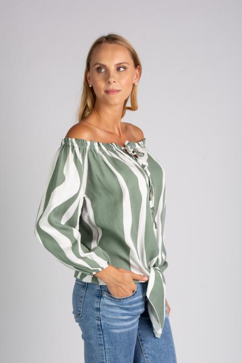 Camicia ampia con spalle scoperte e lacci da annodare Inessa, bianco oliva