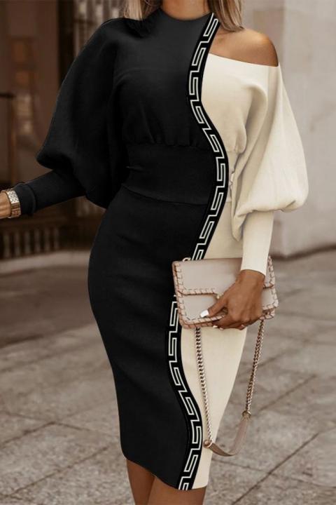 Elegante abito midi con stampa geometrica, nero e beige