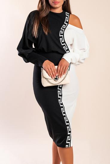 Elegante abito midi con stampa geometrica, bianco e nero