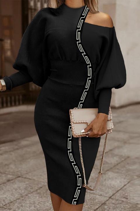 Elegante abito midi con stampa geometrica, nero