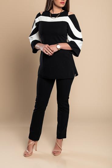 Competo elegante top con maniche a campana e pantaloni, nero