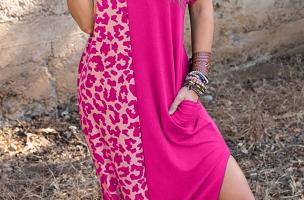 Maxi abito elegante con stampa leopardata, rosa