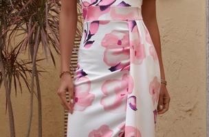 Elegante abito midi con stampa floreale, rosa