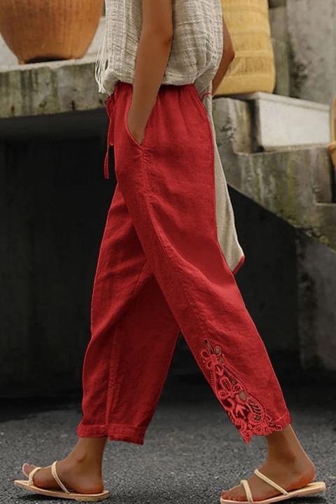 Pantalone elegante in cotone con pizzo, rosso