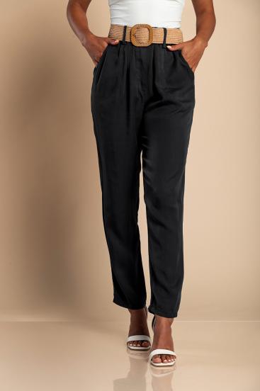Pantaloni lunghi con cintura decorativa, neri