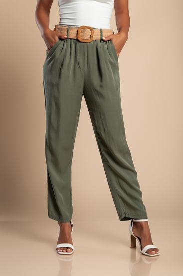 Pantalone lungo con cintura decorativa, verde oliva
