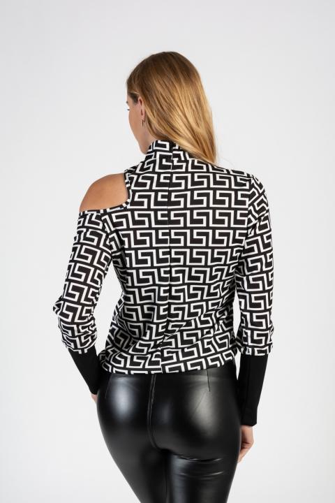 Maglietta elegante con stampa geometrica e scollo alto Venitya, nera