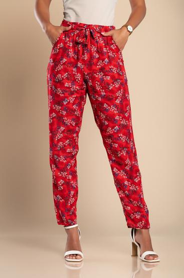 Pantalone lungo in cotone con fantasia floreale, rosso