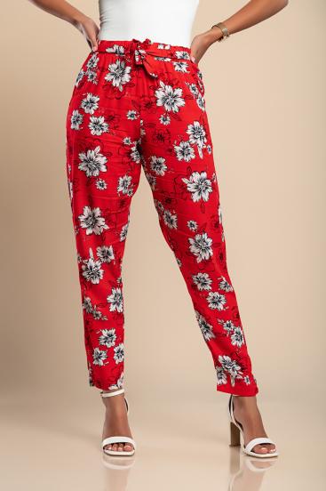 Pantalone lungo in cotone con fantasia floreale, rosso