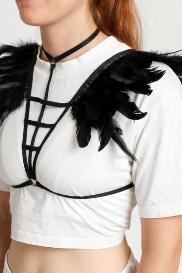 Cintura a bretella - Reggiseno realizzato con spalline elastiche con piume, ART2294, nero