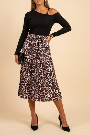Abito midi con stampa leopardata, nero