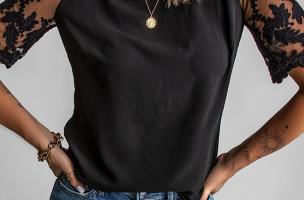 Maglietta da donna con maniche trasparenti Jurana, nera