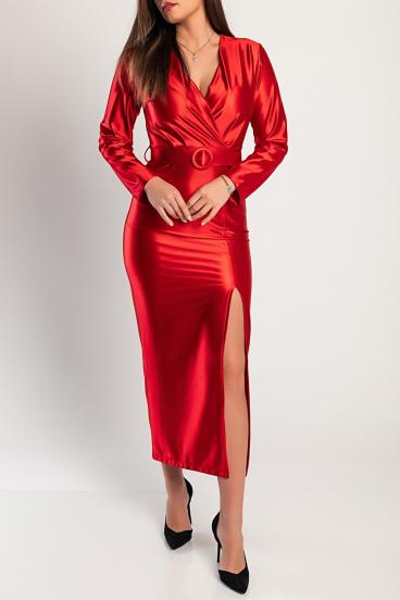 Elegante abito midi in simil raso, rosso