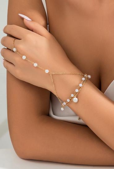Elegante braccialetto con perle artificiali, colore oro