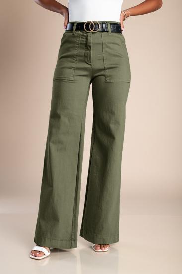 Pantaloni in cotone con pantalone ampio, oliva