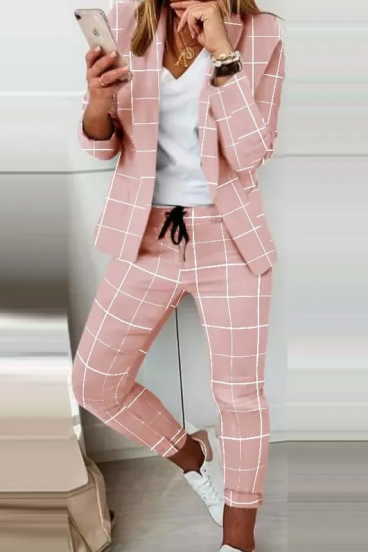 Completo pantalone con blazer elegante con stampa Estrena, rosa chiaro - quadretti