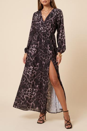 Abito lungo con stampa leopardata, grigio