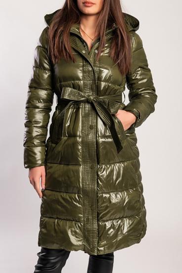 Giacca lunga imbottita con cappuccio, verde militare