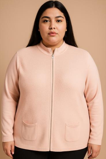 Cardigan in maglia taglie forti con cerniera, rosa chiaro