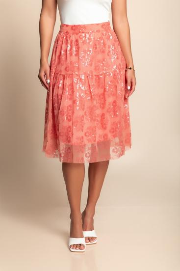 Gonna midi con stampa floreale, corallo