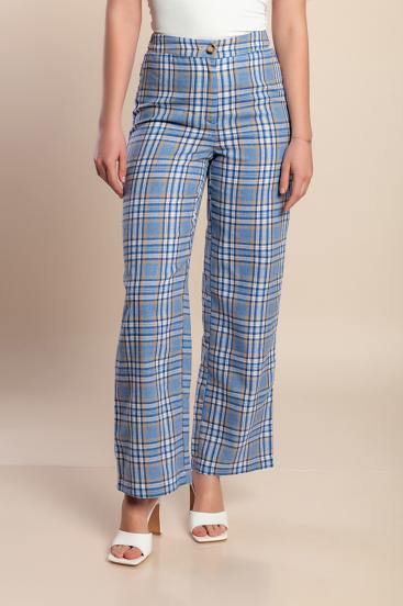 Pantaloni lunghi con stampa a quadri, azzurro