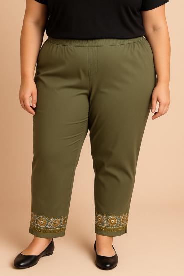 Pantaloni in cotone taglie forti con ricamo, oliva