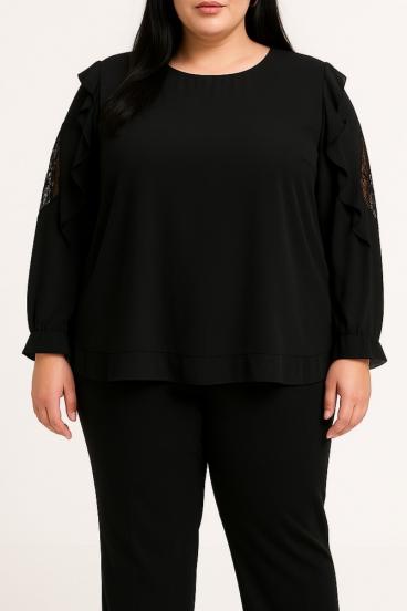 Blusa taglia forte con pizzo, nera