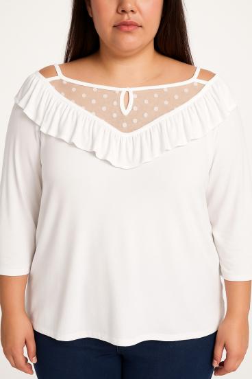Top con volant taglie forti, bianco