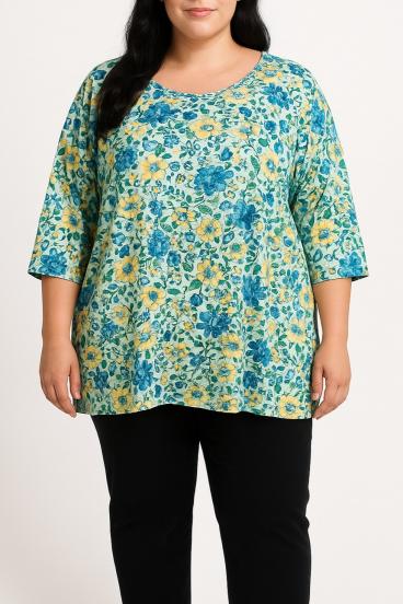 Blusa taglia forte con stampa floreale, blu