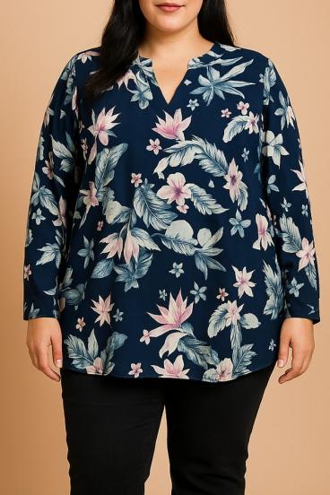 Blusa taglie forti con stampa floreale, blu scuro