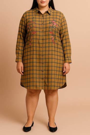 Camicia taglie forti con stampa a quadri, marrone