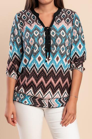Blusa taglia forte con stampa, nera