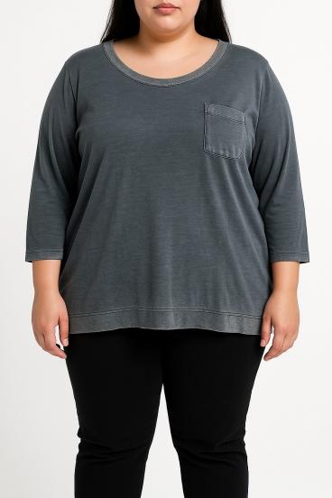 T-shirt in cotone taglia grande con tasca decorativa, grigio