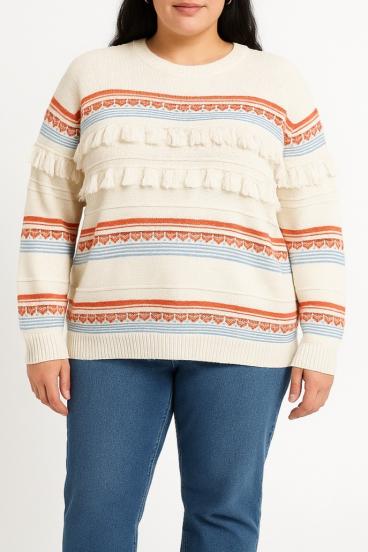 Maglione taglia forte con frange, bianco