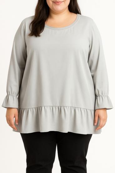 Blusa taglia forte con volant, grigia
