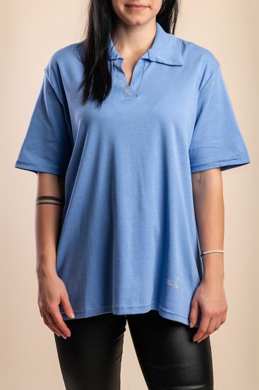 T-shirt in cotone con colletto, azzurra
