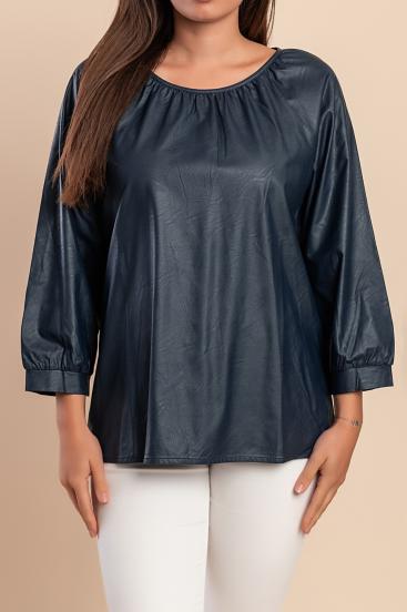 Blusa in ecopelle, blu scuro