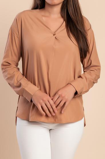 Blusa con scollo a "V", cammello