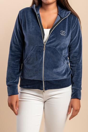 Felpa con zip in cotone e velluto sintetico, blu scuro